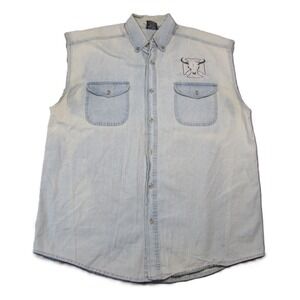 Vtg Denim Trucker Shirt Mens XL Blue Sleeveless Steer Bull Skull Cross Biker 90s